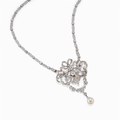 Collana in Oro Bianco 18k, Perla Coltivata e Diamanti