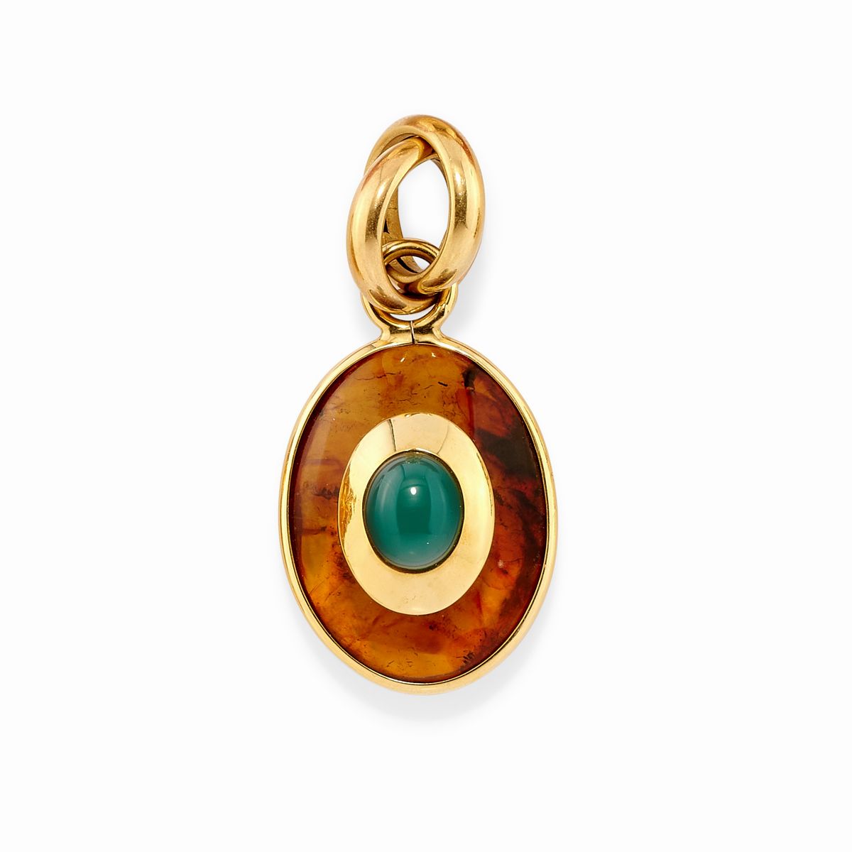 Due Pendenti in Oro Giallo 18k, Ambra e Pietre Dure