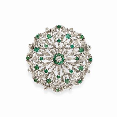 Spilla in Oro Bianco 18k, Smeraldi e Diamanti