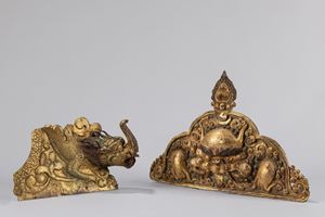 Two gilt copper repoussé plaques. Tibet, 18th century
