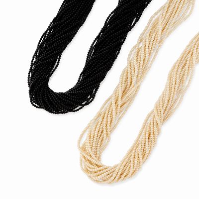 Due Collane in Oro Bicolore 18k, Perle di Fiume, Onice e Diamanti
