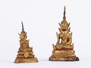Two gilt bronzes seated Buddha. Thailand, Rattanakosin pediod, 19th century