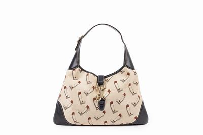 Borsa Jackie in tela ecrù con dettagli in pelle blu