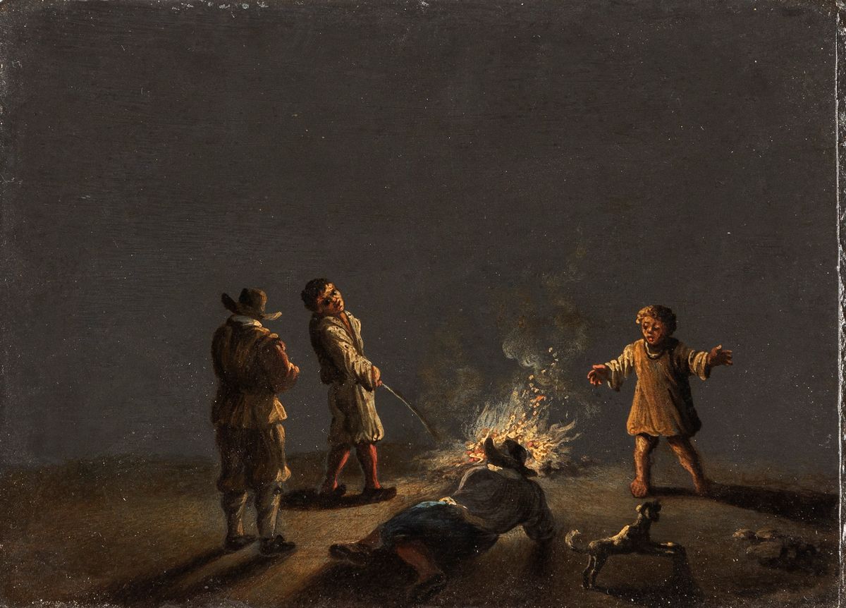 Seguace di Leonard Bramer - Autore non identificato, Scene di vita all'aperto, olio su lavagna