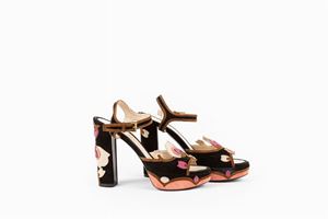 Black suede and floral applications platform sandals