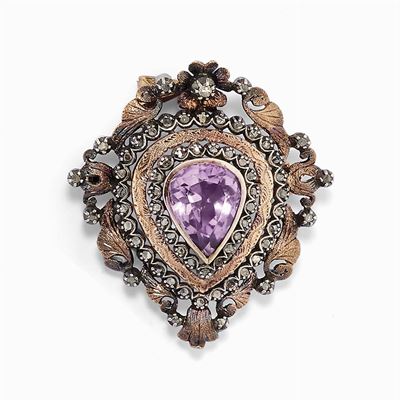 Pendente-spilla in Oro Bassa Caratura, Argento, Pietra Viola e Diamanti
