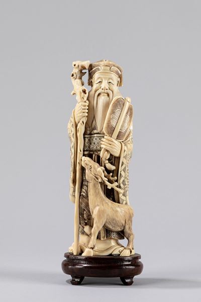 Scultura in avorio, Jurojin con cervo, Cina, inizio secolo XX