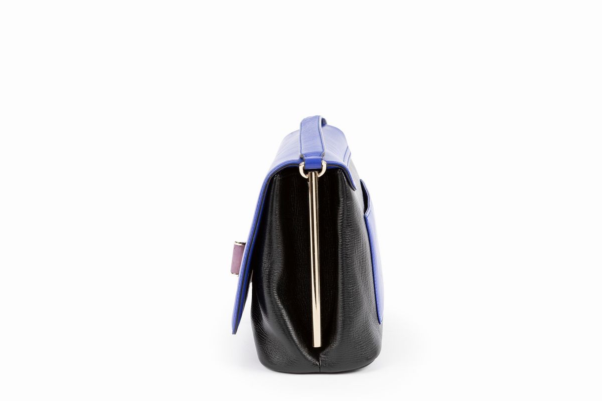 Bulgari - Borsa a doppio scomparto in pelle blu elettrico e nera con chiusura in metallo