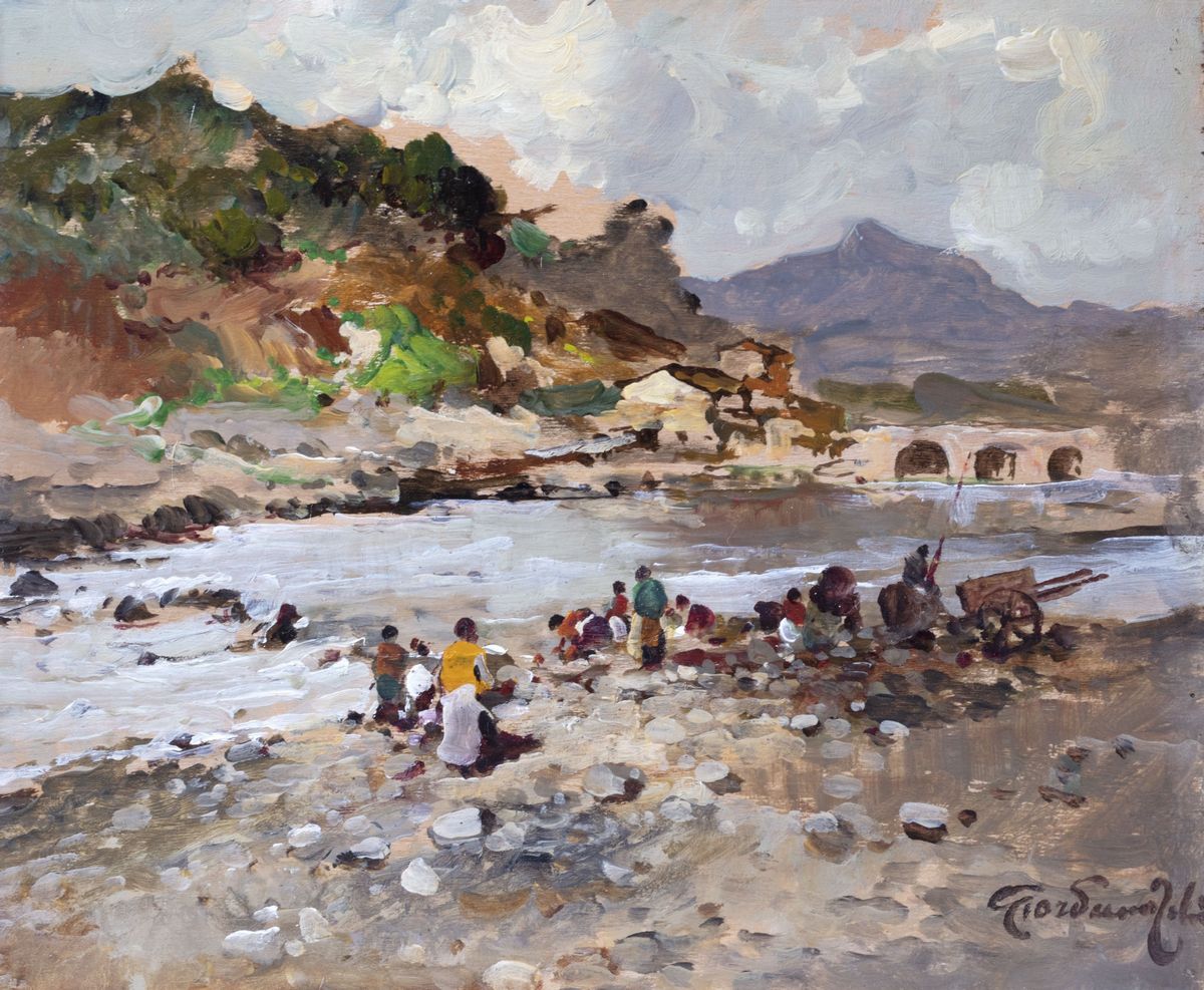 Felice Giordano - Coppia di Dipinti con Bagnanti a Capri e Lavandaie