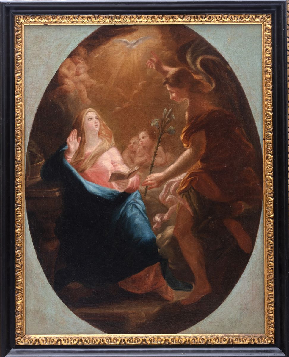 Scuola Romana, Fine Secolo XVII - Inizi Secolo XVIII - Annunciazione, olio su tela entro sagoma o...