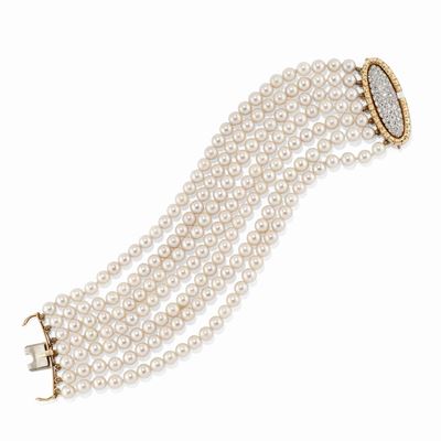 Bracciale in Oro Bicolore 18k, Perle Coltivate e Diamanti