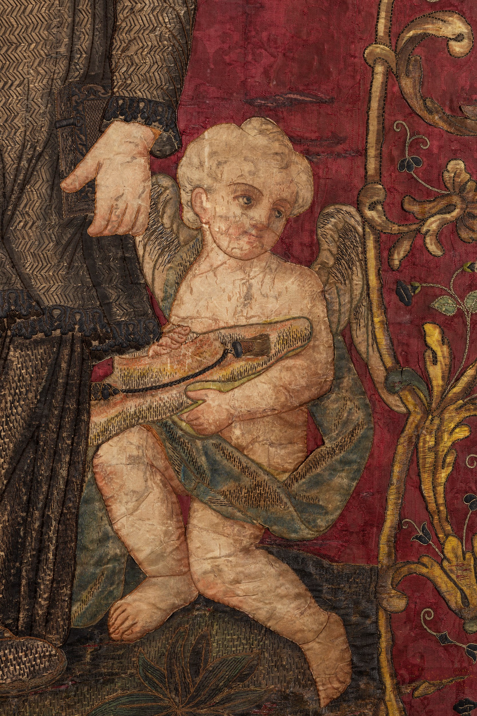 Scuola Lombarda, Seconda Metà del Secolo XVII - Grande Pannello in Broccato Riccamente Ricamato e...