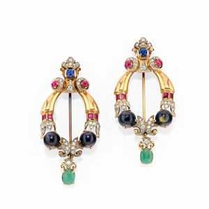 A 18k two-color gold, diamond, ruby, emerald and sapphire two brooches, with box