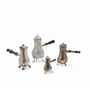 Four silver chocolatiers, Turin and Paris, 18th Century, defects
