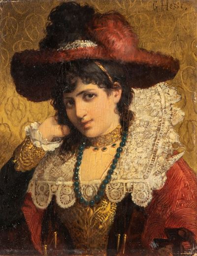 Giovane Donna con Cappello Piumato