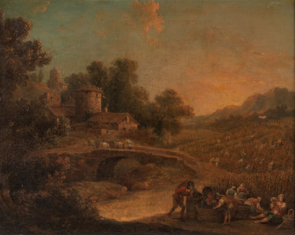Scuola Veneta, Secolo XVIII - Autore sconosciuto, Paesaggio con contadini presso un corso d'acqua...