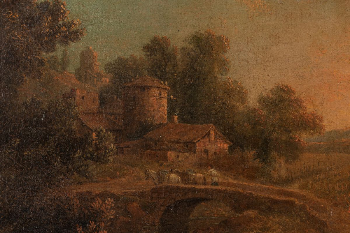 Scuola Veneta, Secolo XVIII - Autore sconosciuto, Paesaggio con contadini presso un corso d'acqua...