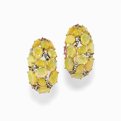 Orecchini in Argento, Oro 18k, Opali, Zaffiri Multicolor e Diamanti