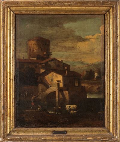 Giuseppe Zais, Paesaggio con casolari, pastori e armenti nei pressi di un corso d'acqua, olio su ...