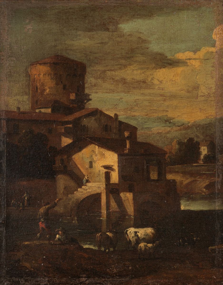 Scuola Veneta, Secolo XVIII - Giuseppe Zais, Paesaggio con casolari, pastori e armenti nei pressi...