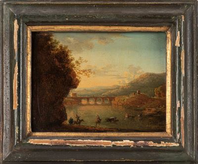 Paesaggio fluviale con viandanti, ponte e torre circolare, olio su tavola