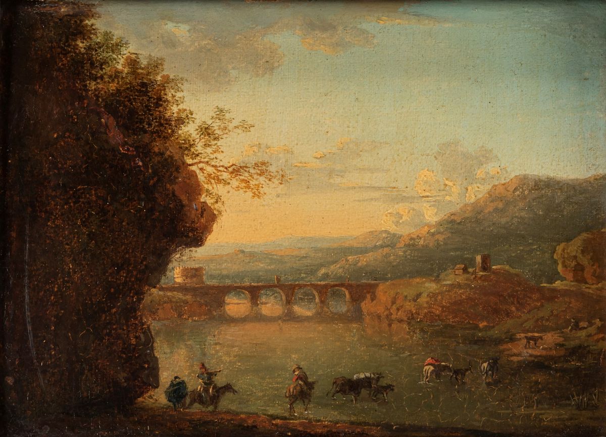 Pittore Fiammingo Attivo in Italia, Fine Secolo XVIII - Paesaggio fluviale con viandanti, ponte e...