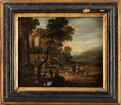 Autore anonimo, Paesaggio con scena di vita quotidiana e rovine architettoniche, olio su tavola