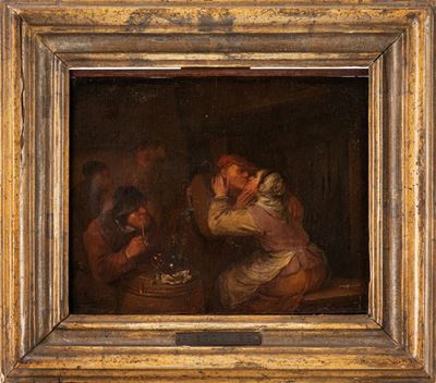 Autore sconosciuto, Interno di taverna con amanti, olio su tavola