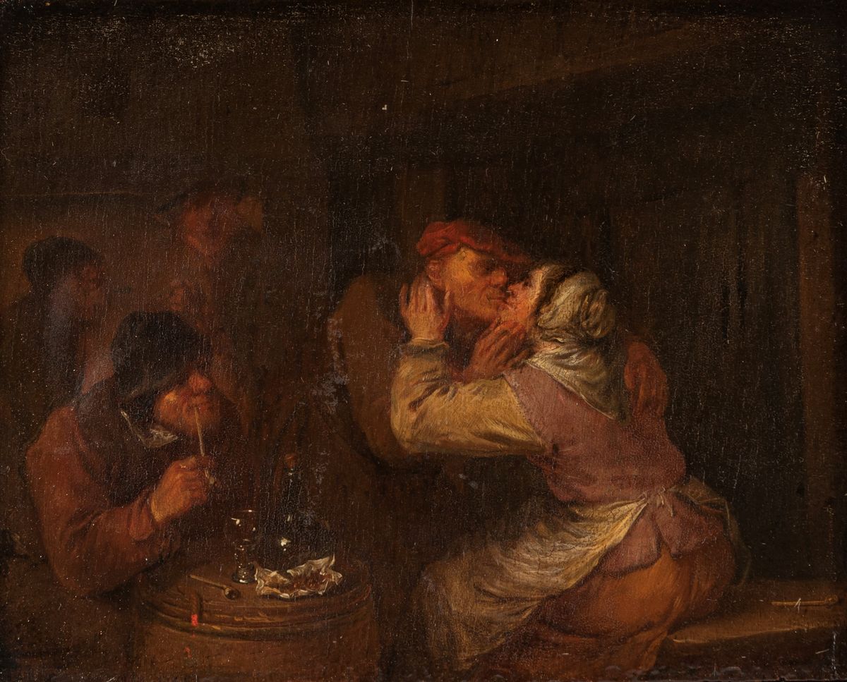 Maniera di Adriaen Brouwer - Autore sconosciuto, Interno di taverna con amanti, olio su tavola
