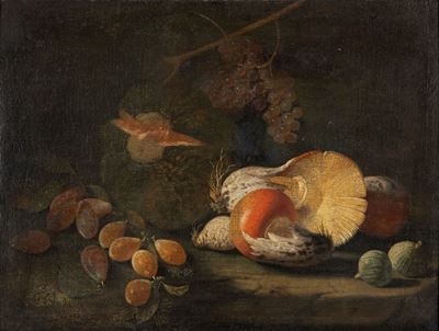 Natura morta con frutta e funghi, olio su tela