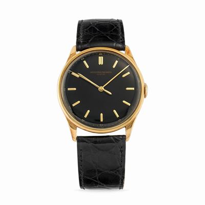 Orologio da polso, Cassa rotonda in oro 18K con quadrante nero, anni '50