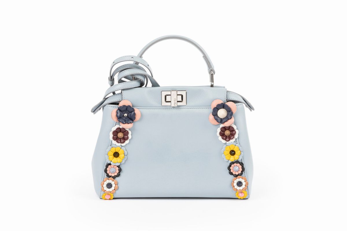 Fendi - Borsa Peekaboo, pelle azzurra con applicazioni floreali