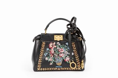 Borsa Peekaboo, nappa nera con ricamo floreale multicolore