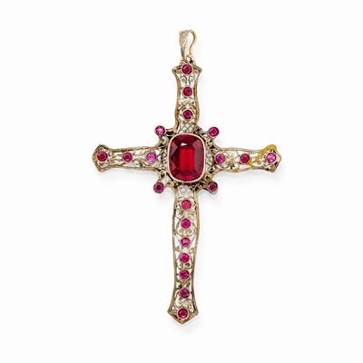 Pendente in Metallo Dorato e Pietre Rosse