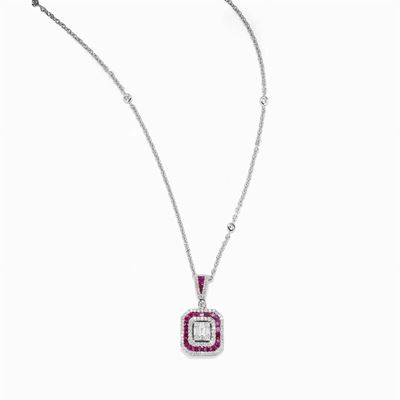Pendente in Oro Bianco 18k, Diamanti e Rubini