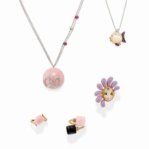 A 18k two-color gold, diamond, sapphire, gemstone and enamel five jewels