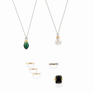 A 18k three-color gold, diamond, onyx and rock crystal seven jewels