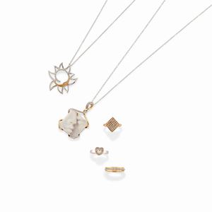 A 18k white and red gold, diamond and cameo five jewels