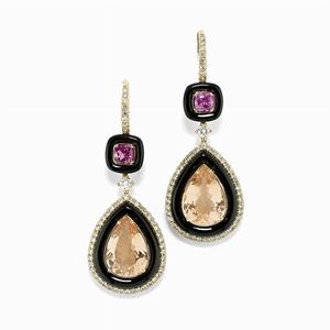 Orecchini pendenti in oro 18k, diamanti, morganiti, tormaline e onice