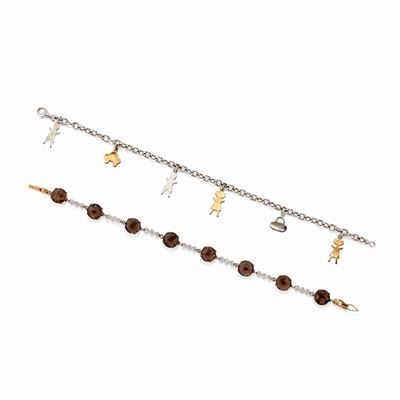 Due Bracciali in Oro Bianco e Rosa 18k, Diamanti e Quarzi Fumé