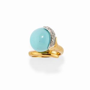 Anello in oro bicolore 18k, diamanti e turchese