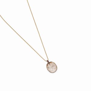 Collana in oro rosso 18k, cristallo di rocca, zaffiri rosa e diamanti