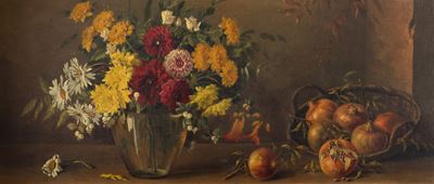 Autore sconosciuto, Natura morta con vaso di fiori e melograni, olio su tela