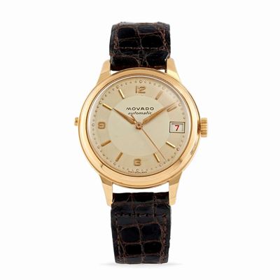 Orologio da polso in oro rosa 18k con quadrante argenté e cinturino in pelle, anni '50