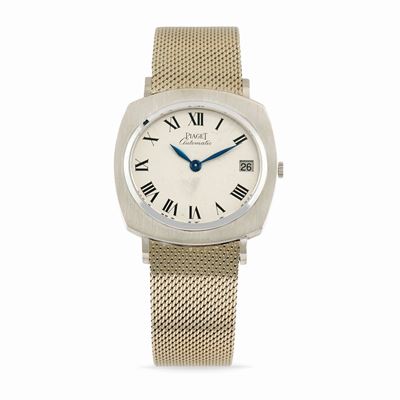 Orologio da polso, cassa a cuscino in oro bianco 18k, anni '70