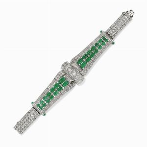 Bracciale in oro bianco 18k, diamanti e smeraldi
