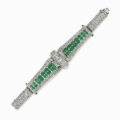 Bracciale in Oro Bianco 18k, Diamanti e Smeraldi