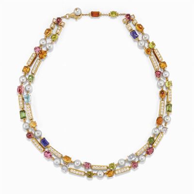 Collana in Oro 18k, Perle Coltivate, Pietre Colorate e Diamanti