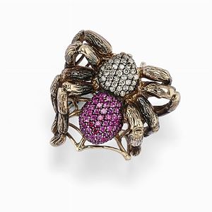 A 9K white and burnished gold, ruby and diamond ring, Bernard Delettrez