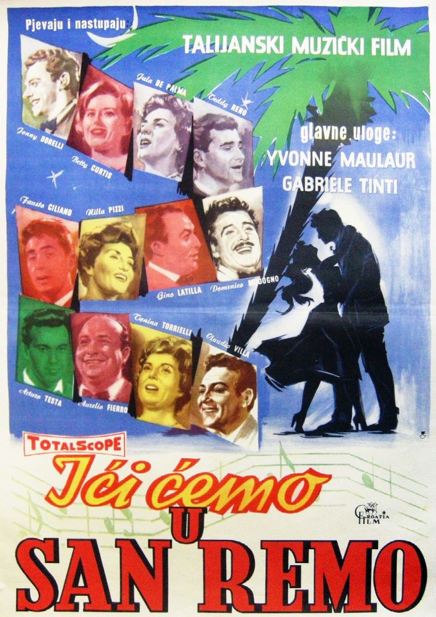 Angelo Cesselon - Bozzetto per la locandina di 'Destinazione Sanremo', tempera su cartoncino